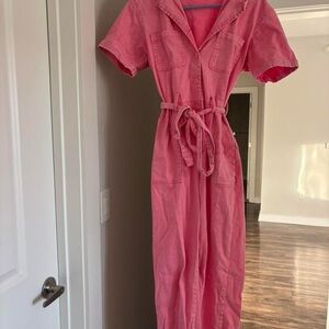 Pink Button-Up Belted Jumpsuit